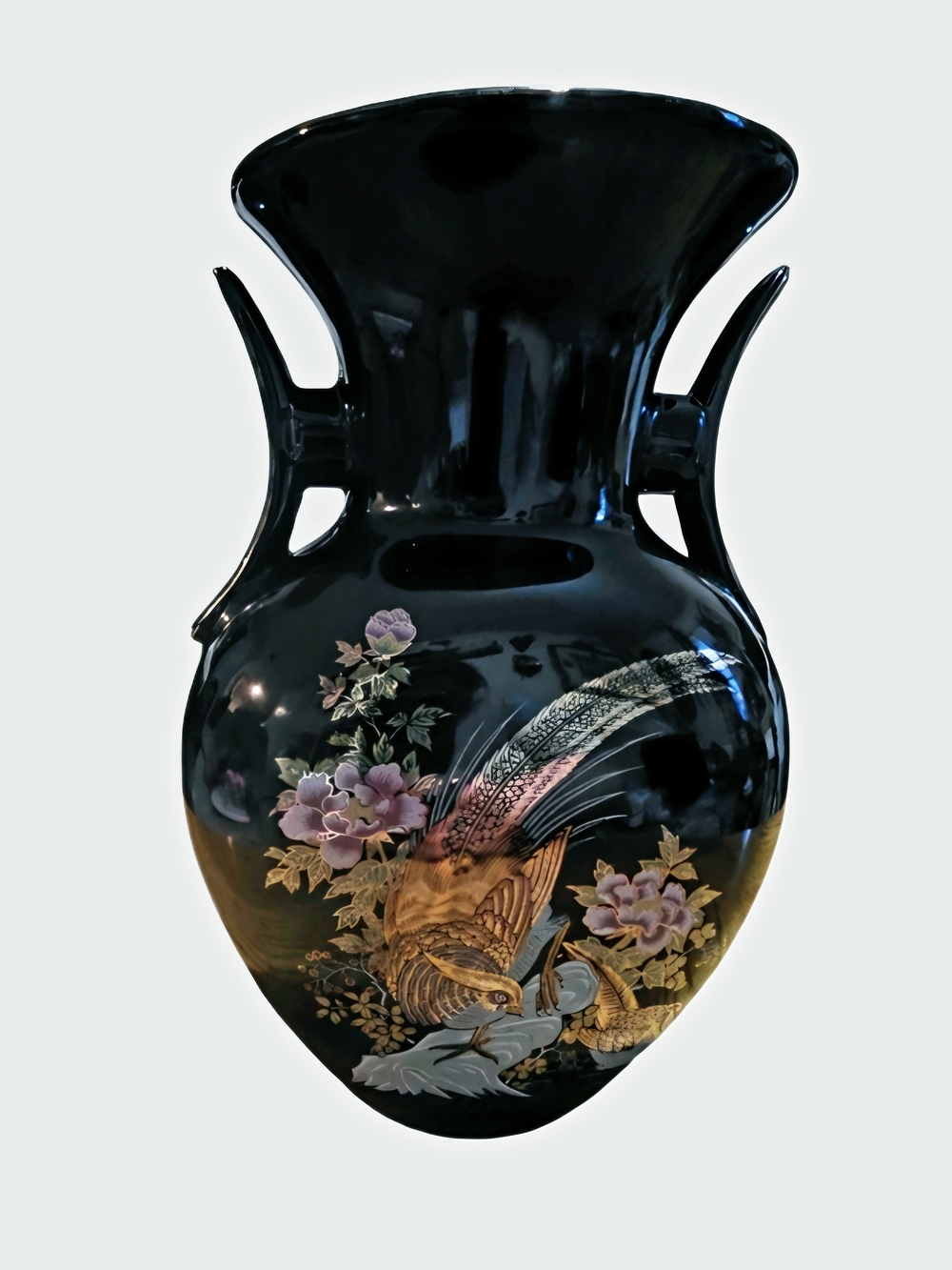 VTG Japanese Black Decorative Vase with Bird & Floral Design-Marked Japan 8.25"